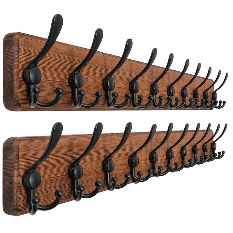 Dseap Coat Rack Wall - Heavy-Duty 38-1/4" Long, with Reinforced 10 Custom Tri-Hooks, Solid Wood Wall Hanger for Coats Hat Jackets - Rustic Farmhouse Entryway Storage, Natural & Black, Pack of 2 - Image 1